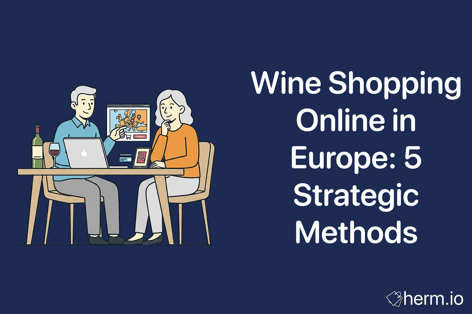 Flat illustration of two people planning wine shopping online in Europe with a map on screen and wine bottles on a table.