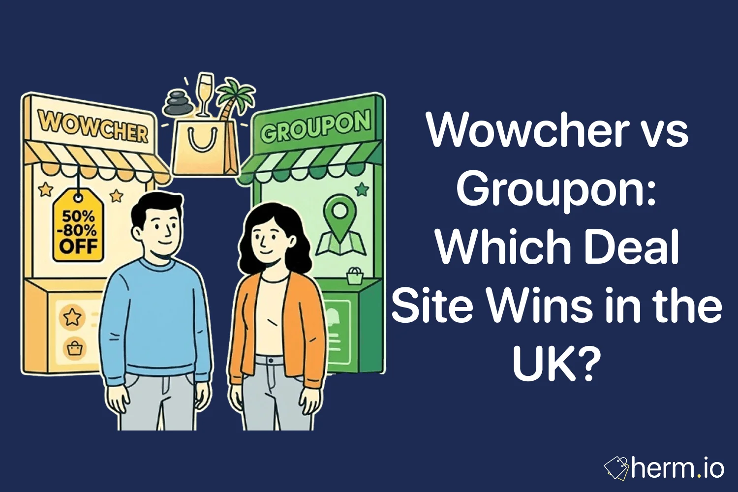 UK shopper comparing Wowcher and Groupon voucher deals on a phone before booking restaurants, spa days, products and short breaks.