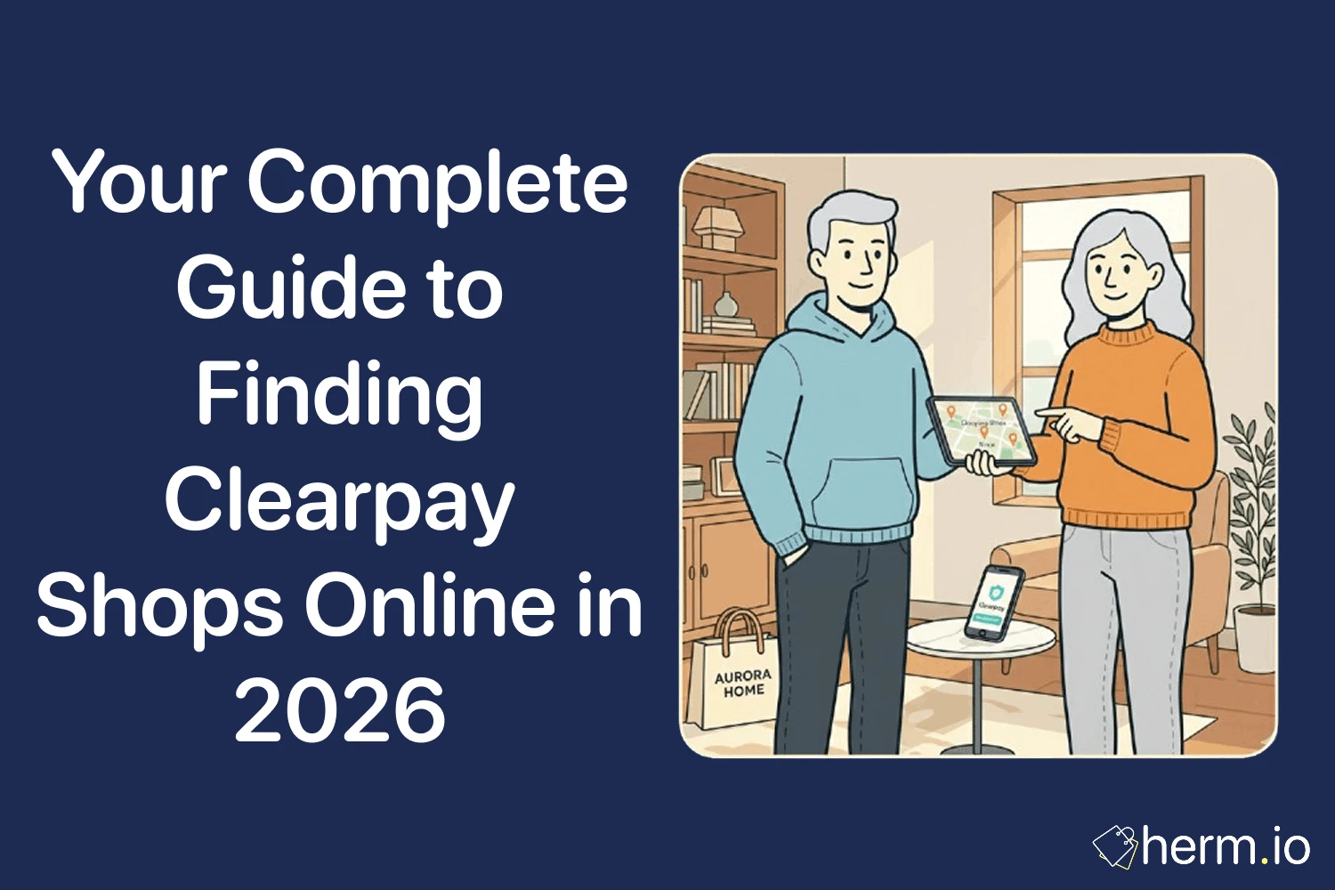 Clearpay shops online guide cover image showing shoppers using a store map on a tablet to find retailers that accept Clearpay in 2026.