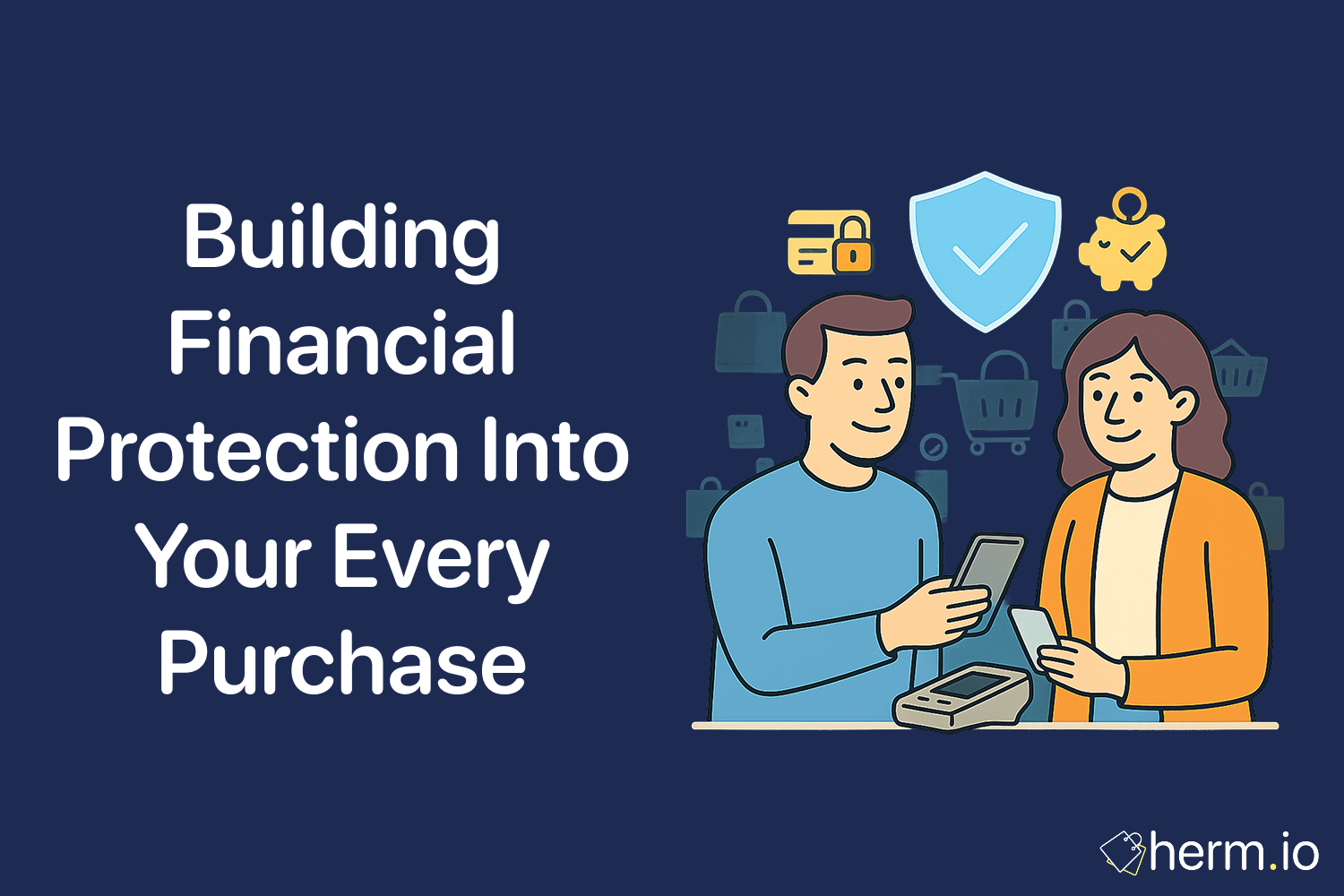 Graphic titled ‘Building Financial Protection Into Your Every Purchase,’ showing two people using mobile devices to pay, overlaid with a shield icon, credit card lock, piggy bank, and background shopping-cart silhouettes.