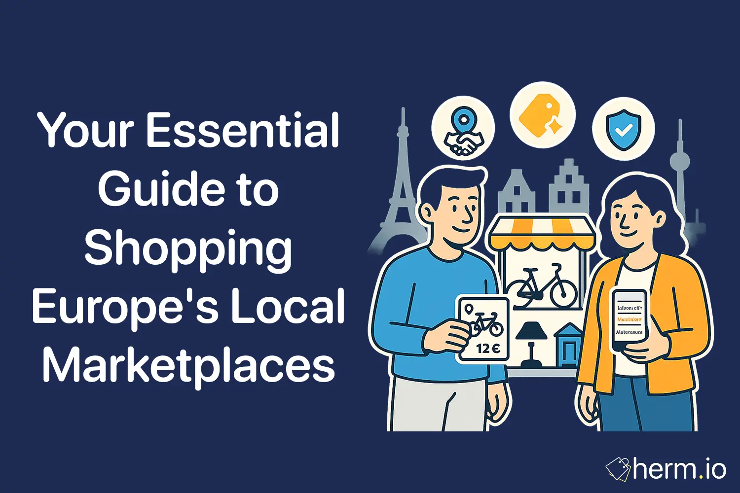 Flat illustration of two shoppers comparing bike listings on European local marketplaces (Leboncoin, Marktplaats, Kleinanzeigen) with price tag, location and trust icons.