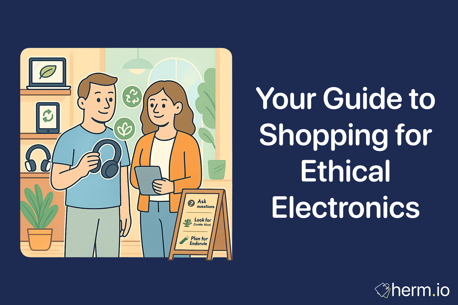Illustration titled ‘Your Guide to Shopping for Ethical Electronics,’ featuring a man holding headphones and a woman with a tablet in an eco-friendly electronics store, with recycling symbols and a signboard listing tips.