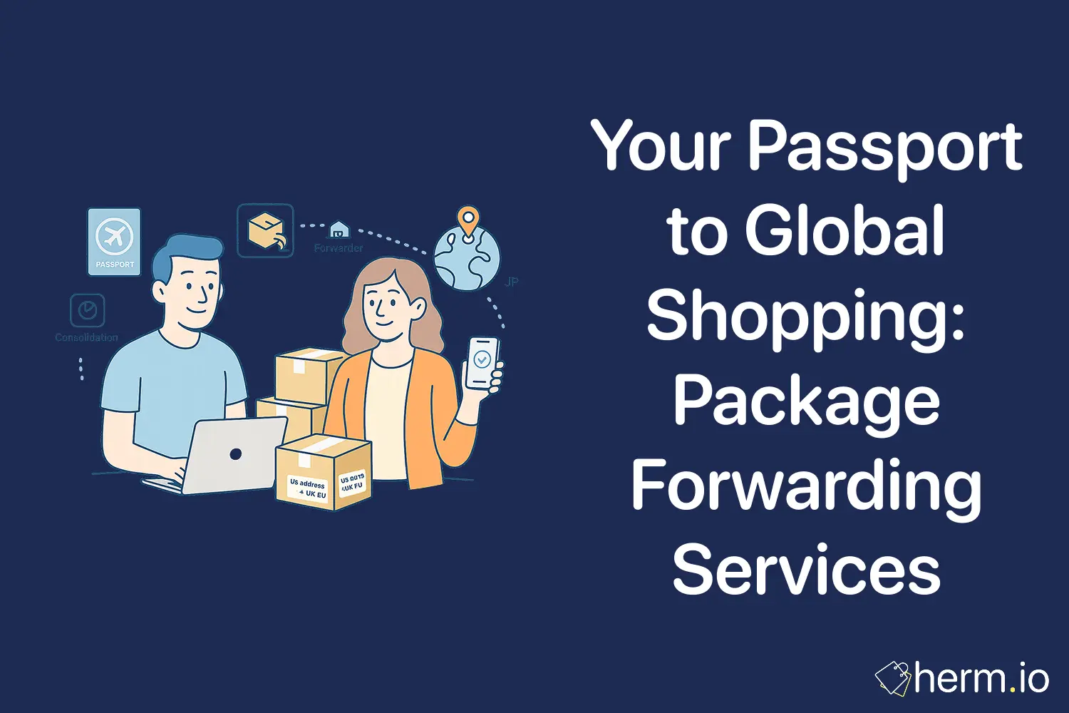 Two people using a laptop and phone to arrange parcels and compare package forwarding services, consolidation, and virtual US address for UK/EU international shipping.