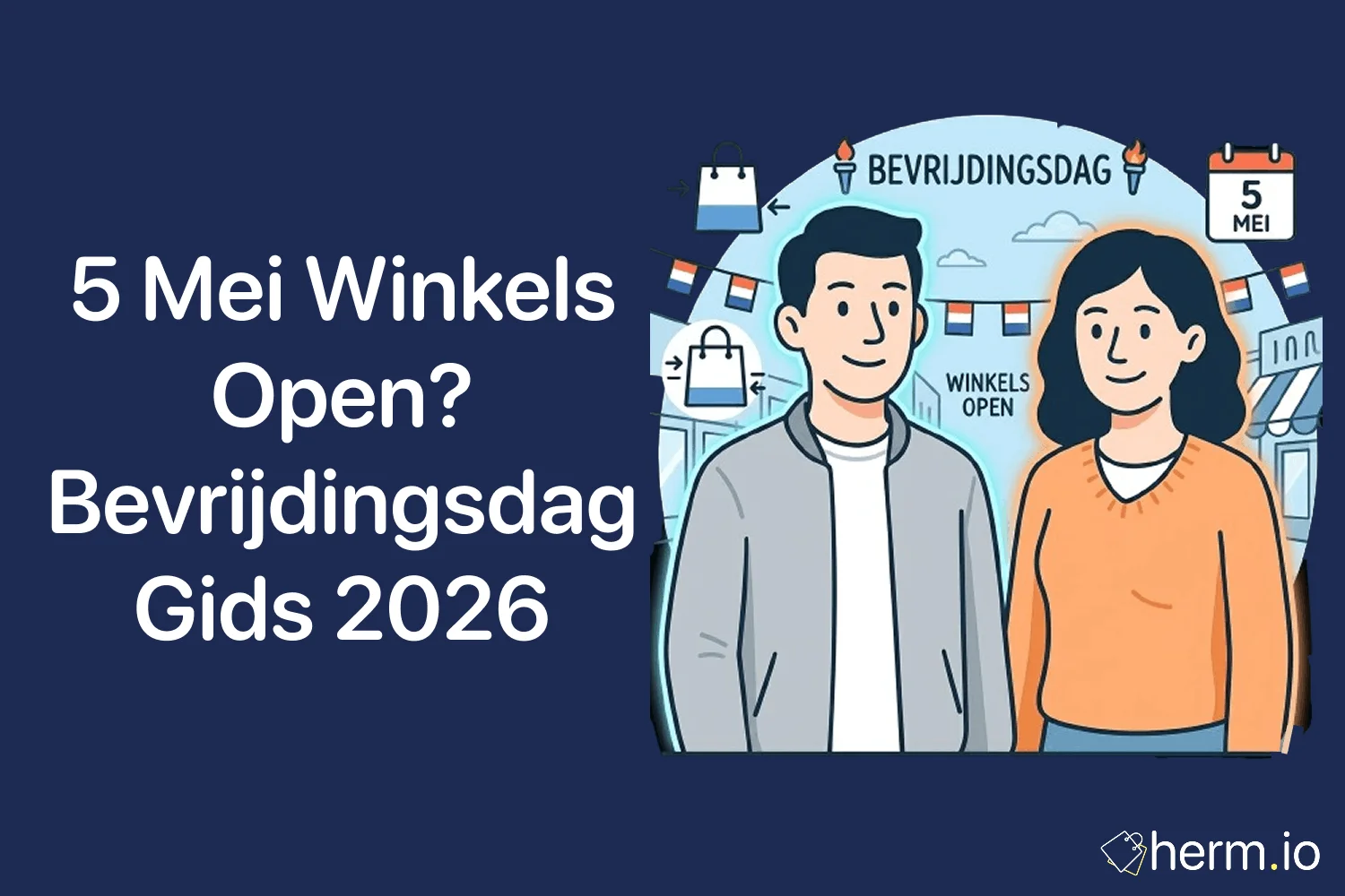 Consument checkt op telefoon of winkels en supermarkten open zijn op Bevrijdingsdag 2026 in een Nederlandse winkelstraat.