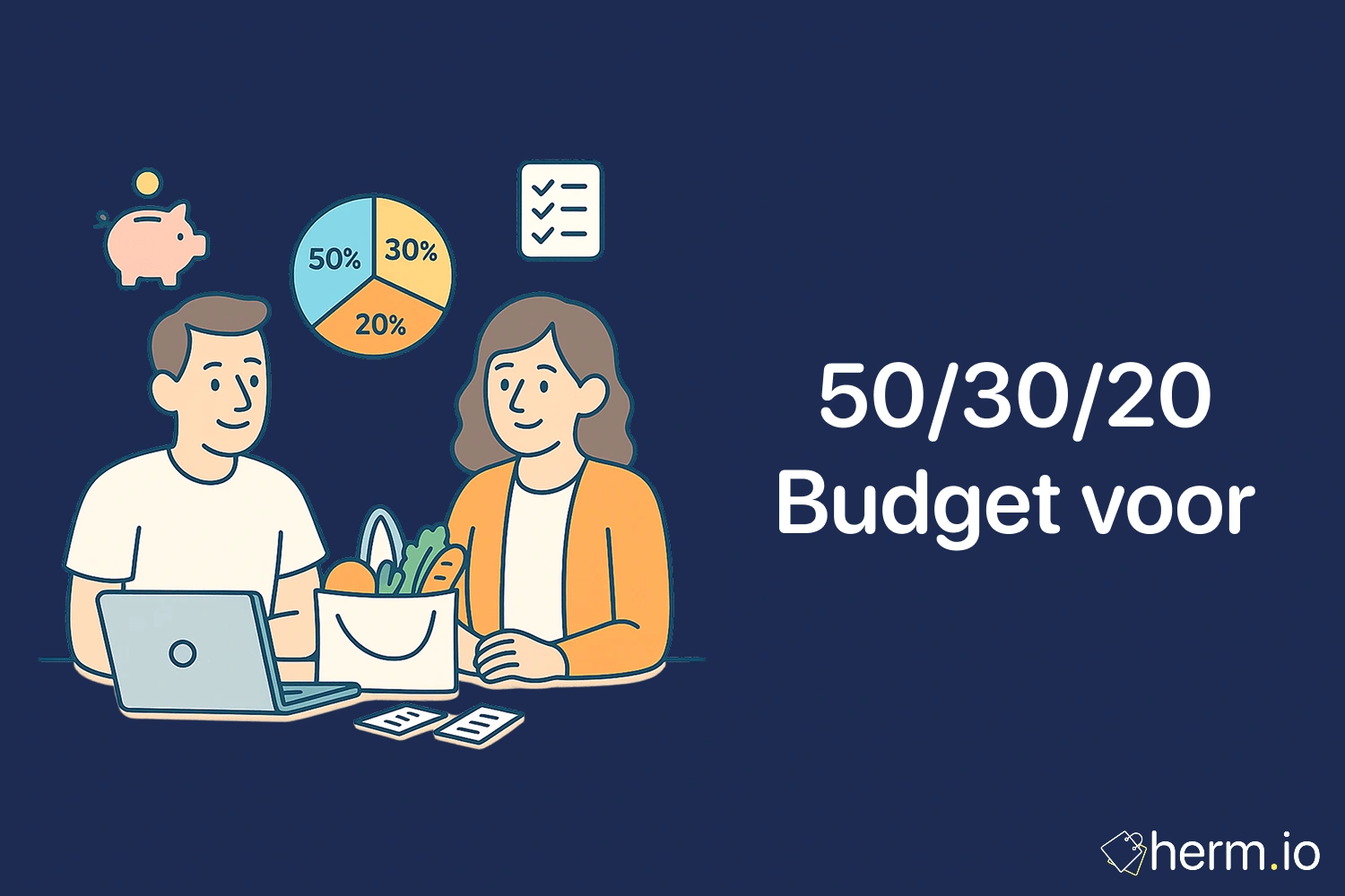 Illustratie van koppel dat hun maandbudget berekent volgens 50/30/20-regel, met laptop, boodschappen en spaarvarken.