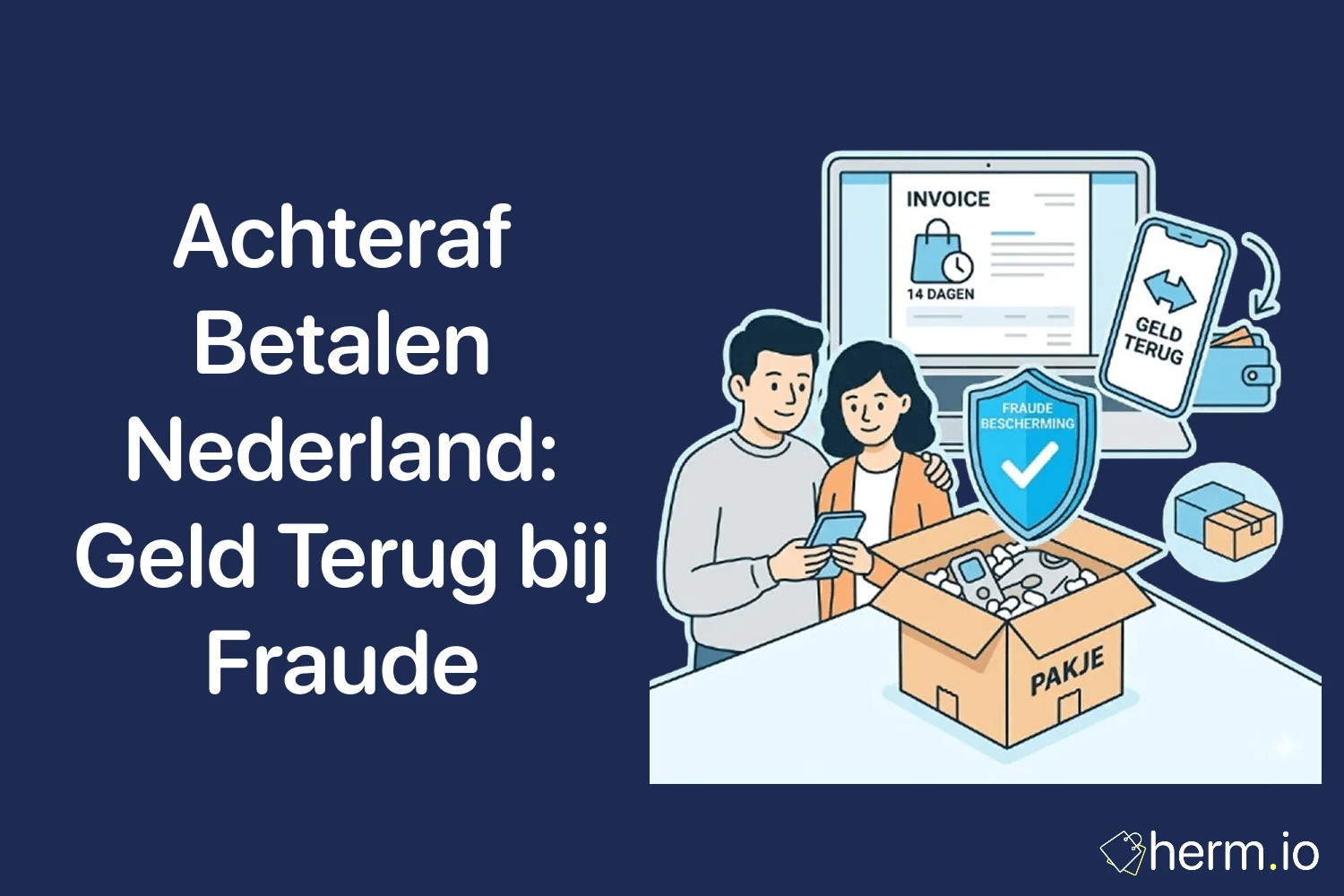 Consument bekijkt een achteraf betalen factuur op laptop en telefoon terwijl een pakket niet geleverd is.