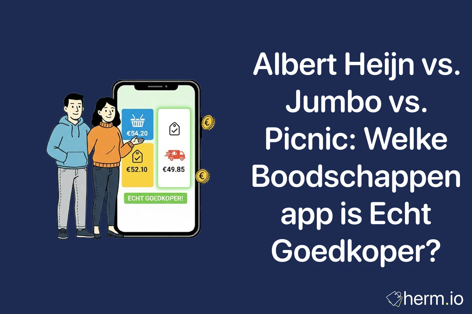 Illustratie van prijsvergelijking tussen supermarktapps – vergelijking Albert Heijn, Jumbo en Picnic en welke boodschappenapp echt goedkoper is.