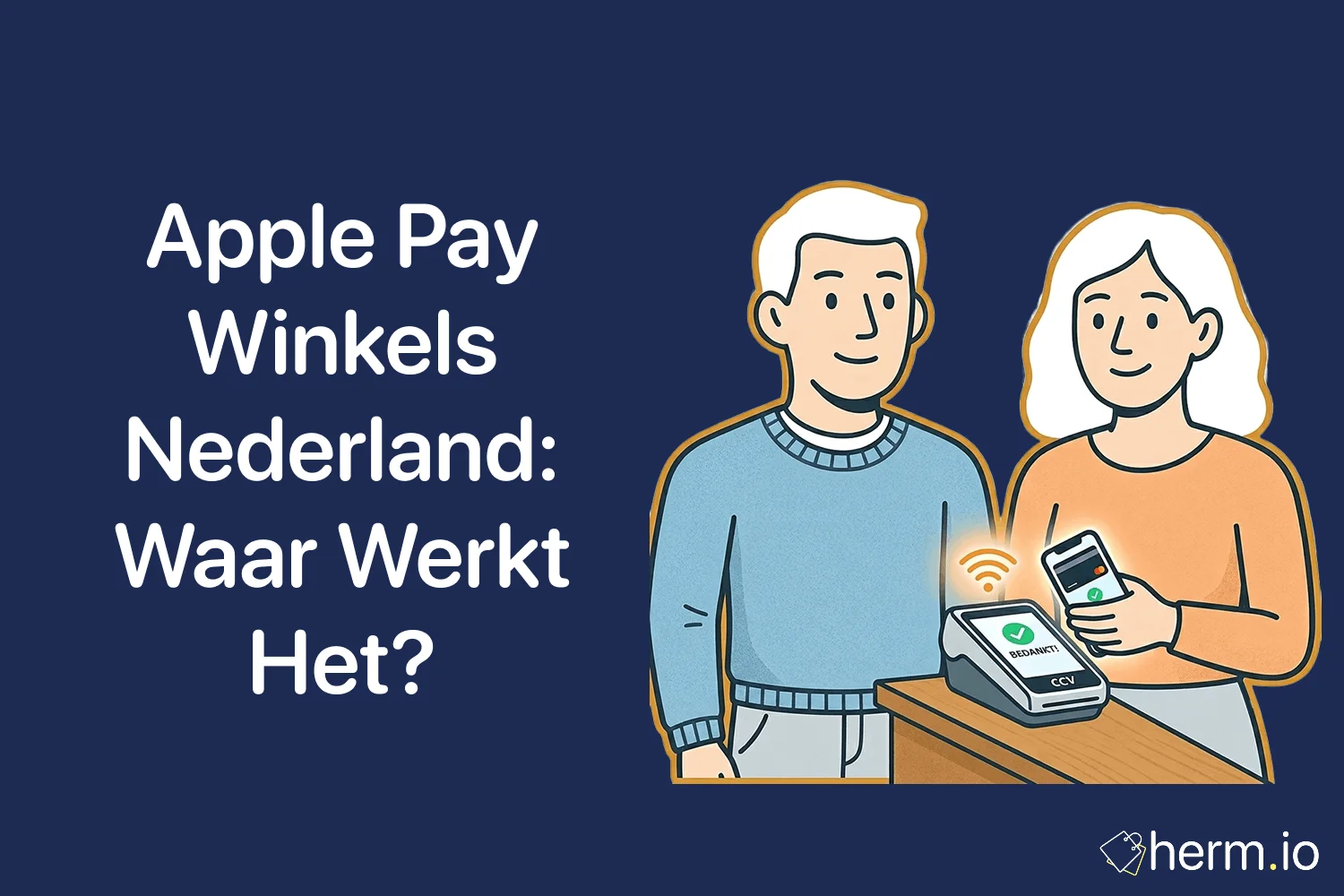 iPhone met Apple Pay bij een Nederlandse betaalautomaat en webshop-checkout, met focus op veilig en snel betalen.