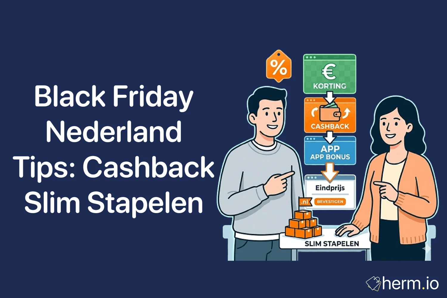 Nederlandse shopper vergelijkt Black Friday-deals, cashback, spaarpunten en loyaltyvoordelen op laptop en telefoon.