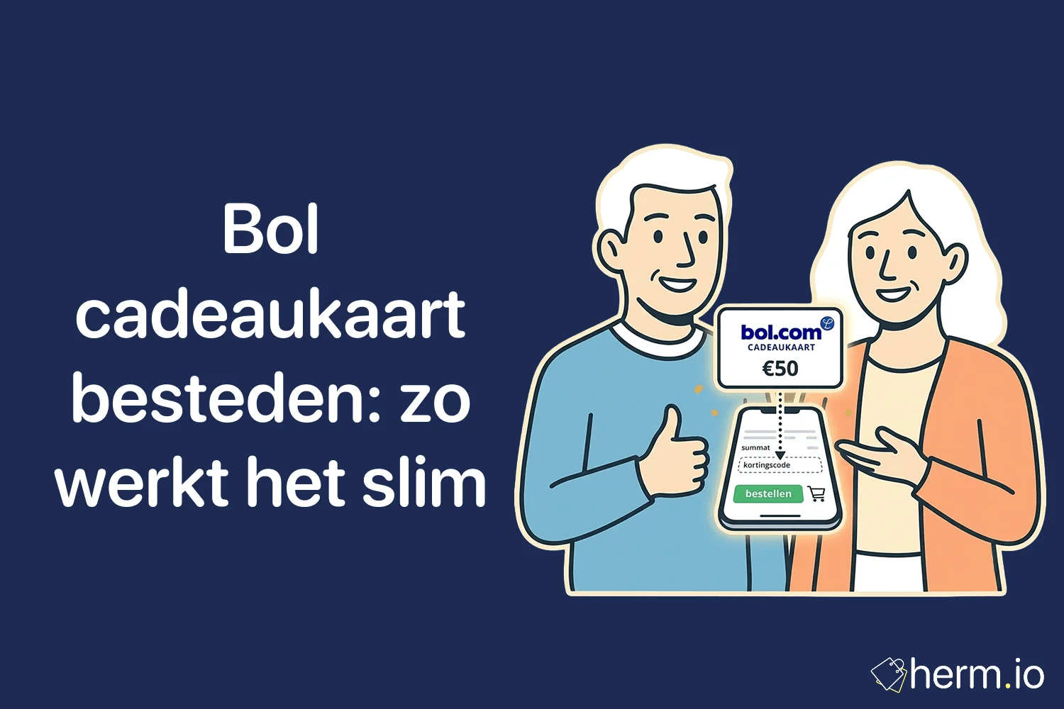 Illustratie van een bol cadeaukaart, laptop en winkelmandje met betaalstappen voor saldo checken en online besteden bij Bol.com.