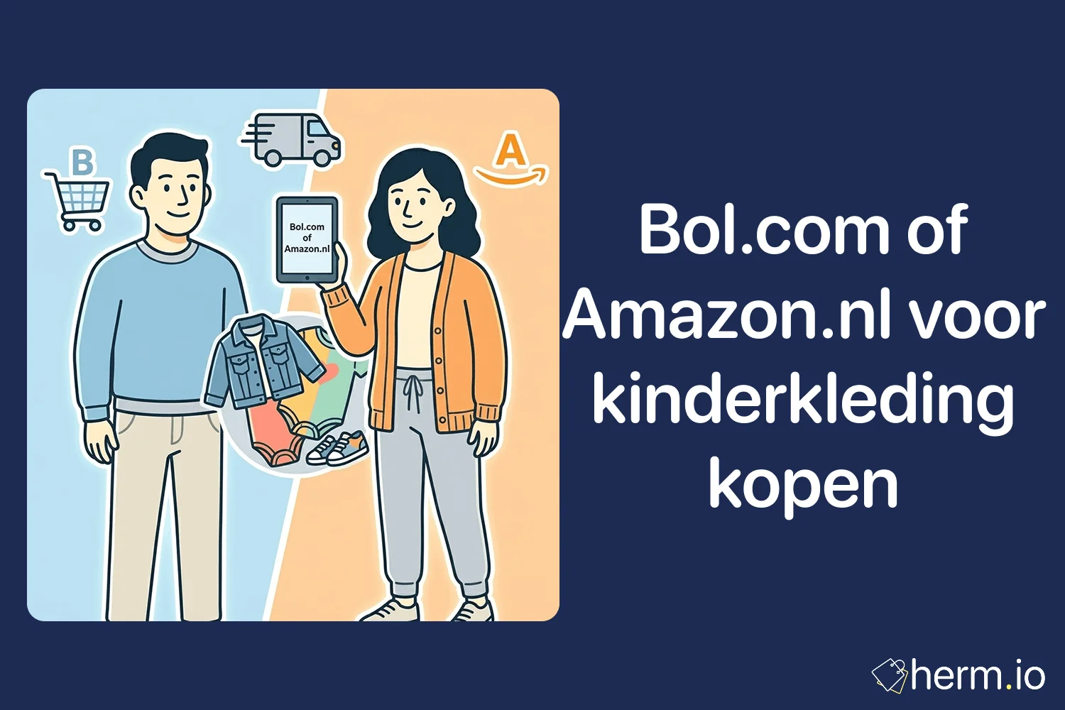 Ouder vergelijkt kinderkleding op bol.com en Amazon.nl met maattabel, retourlabel en stapel shirts op tafel.
