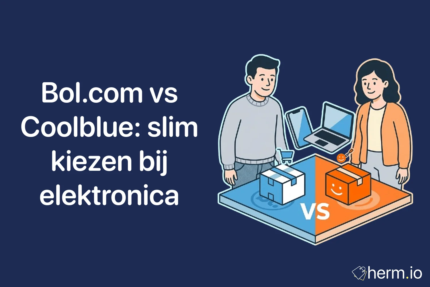 Vergelijking van Bol.com en Coolblue bij elektronica-aankopen met laptop, pakketbezorging en prijskaartjes in Nederlandse webshopcontext.