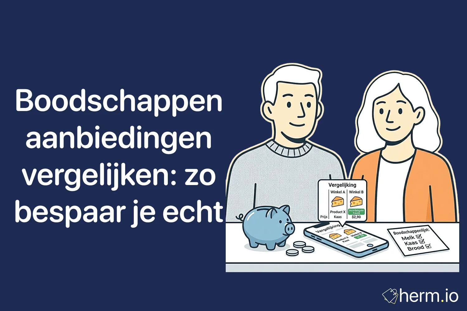 Nederlandse shopper vergelijkt supermarkt aanbiedingen, folders en prijs per kilo op telefoon en boodschappenlijst.