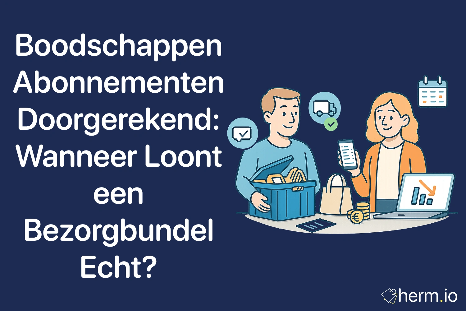 Illustratie van man en vrouw die bezorgabonnement voor boodschappen vergelijken met grafieken.