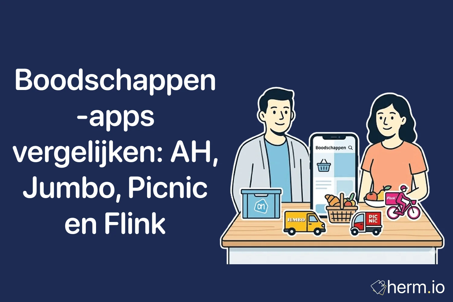 Smartphone met boodschappen-apps van Nederlandse supermarkten naast een gevuld mandje met verse producten en bezorgkosten.