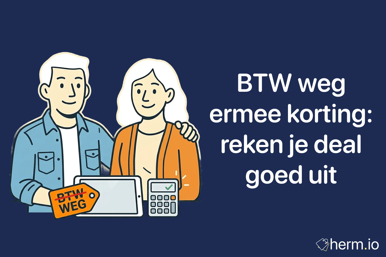 Illustratie van een shopper die btw-korting op een laptop, tv en wasmachine narekent voordat hij online afrekent.
