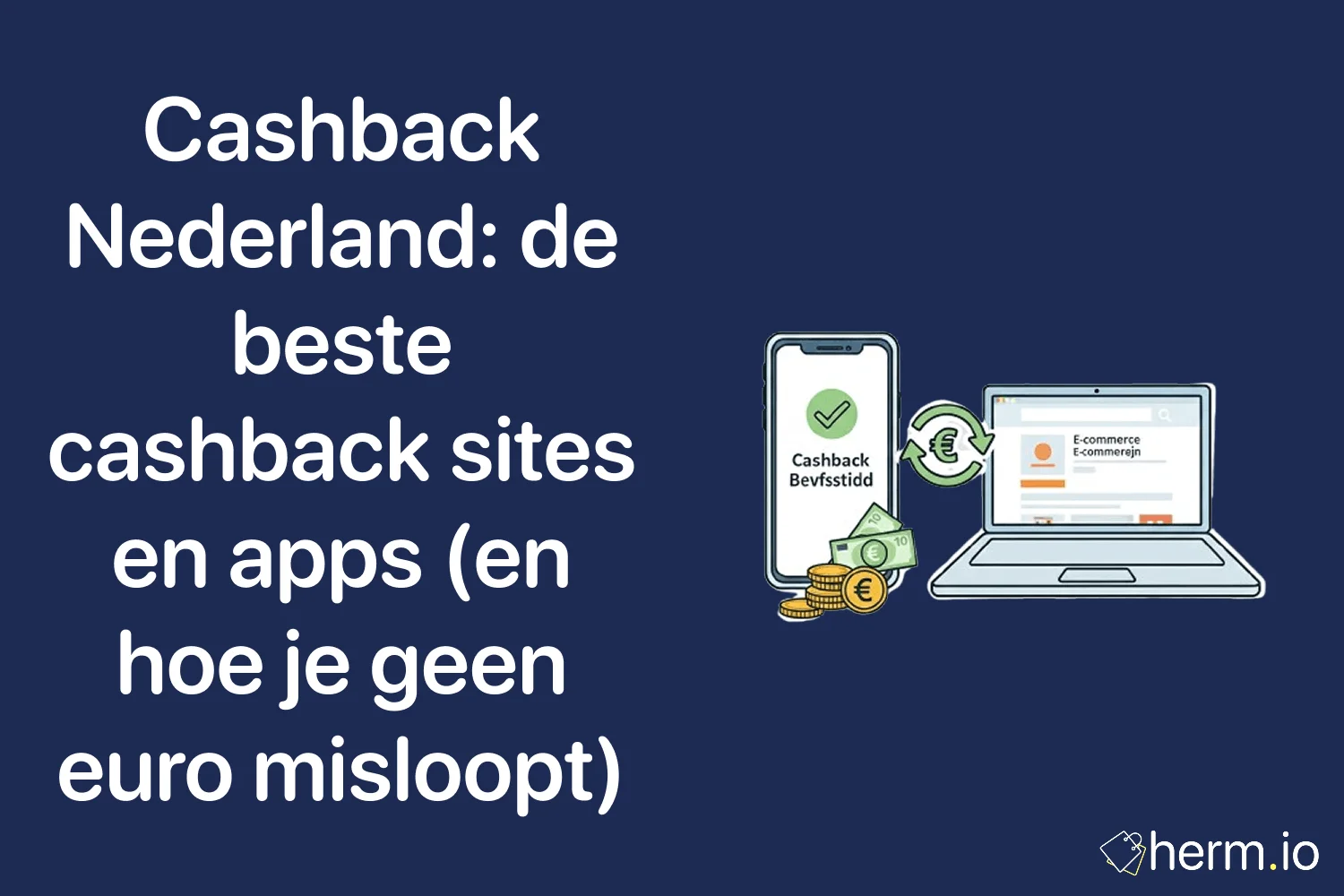 Illustratie van cashback via smartphone en laptop met euro-iconen, die laat zien hoe je geld terugkrijgt bij online shoppen in Nederland.