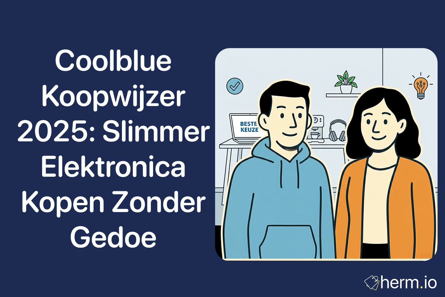 Illustratie van elektronicashop met laptop en koptelefoon – Coolblue koopwijzer 2025 voor slimmer elektronica kopen zonder gedoe.