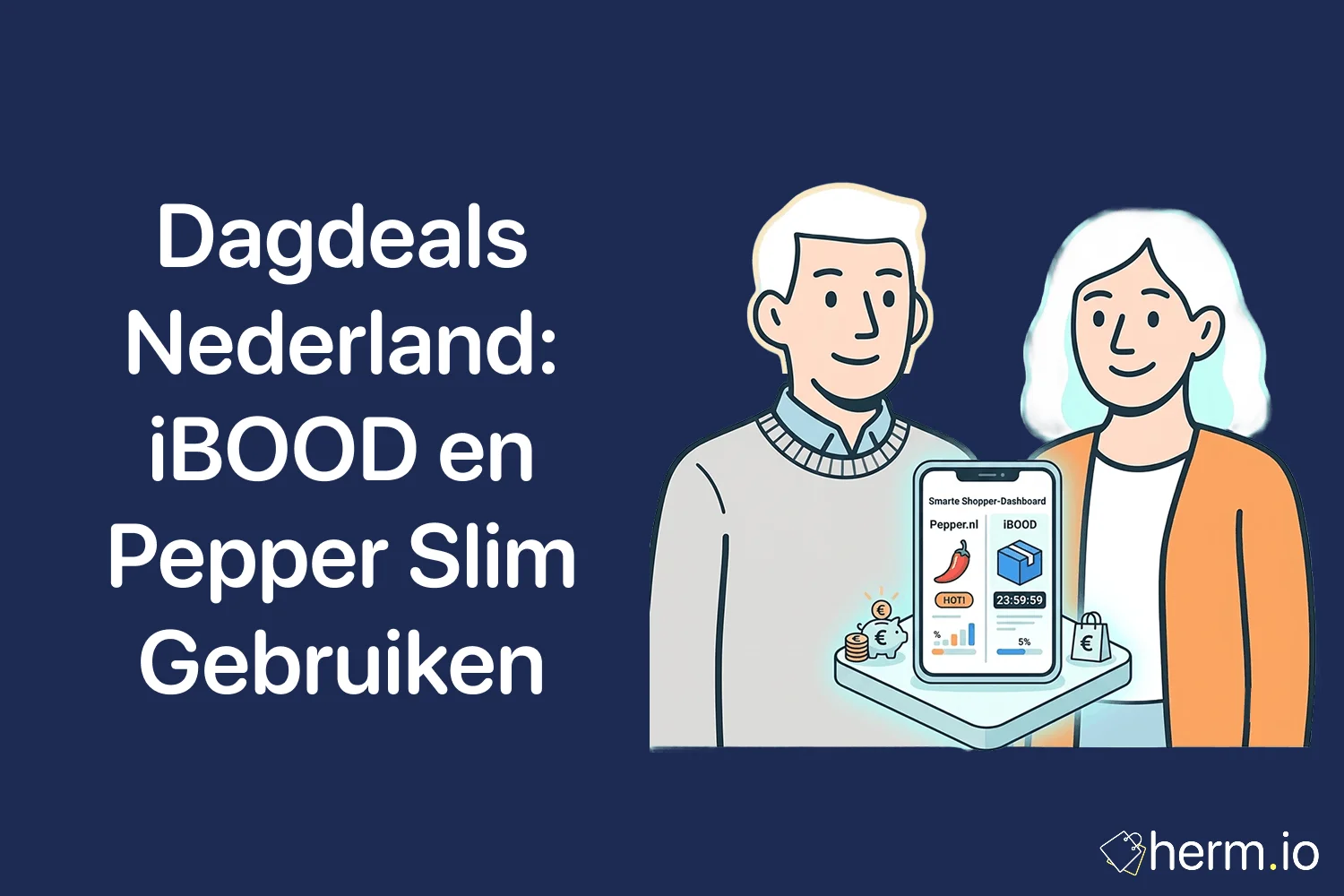 Nederlandse shopper vergelijkt dagdeals van iBOOD, Pepper en andere platforms op laptop en telefoon voor een slimme aankoop.