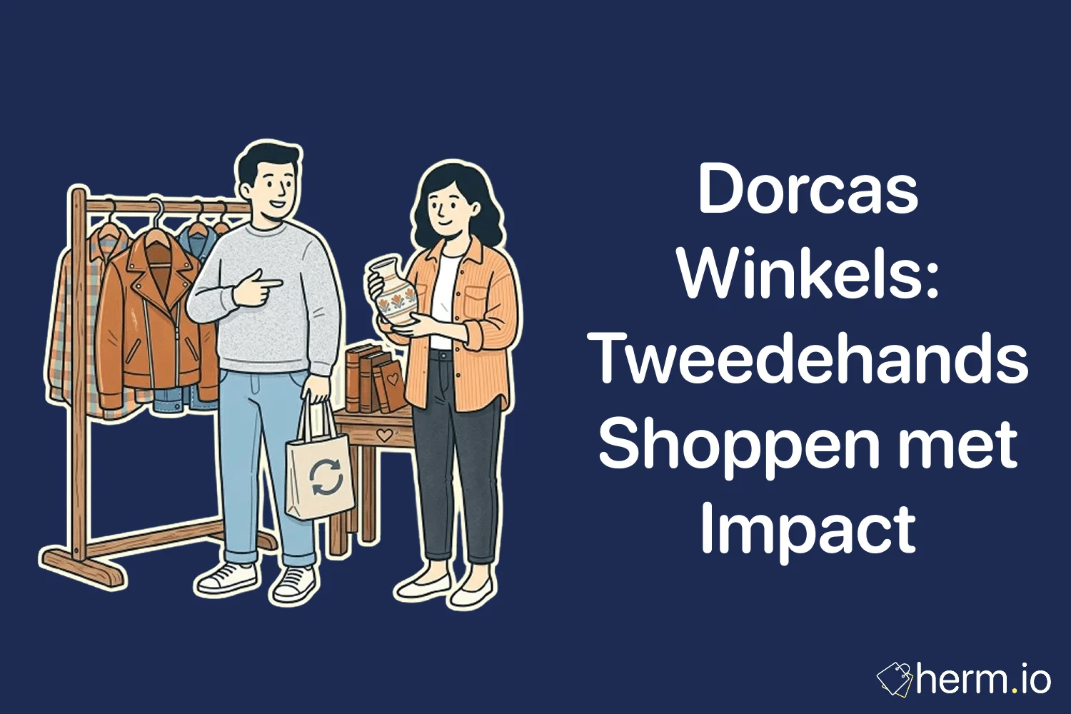 Shopper in een Dorcas kringloopwinkel met tweedehands kleding, boeken en woonspullen voor bewust winkelen in Nederland.