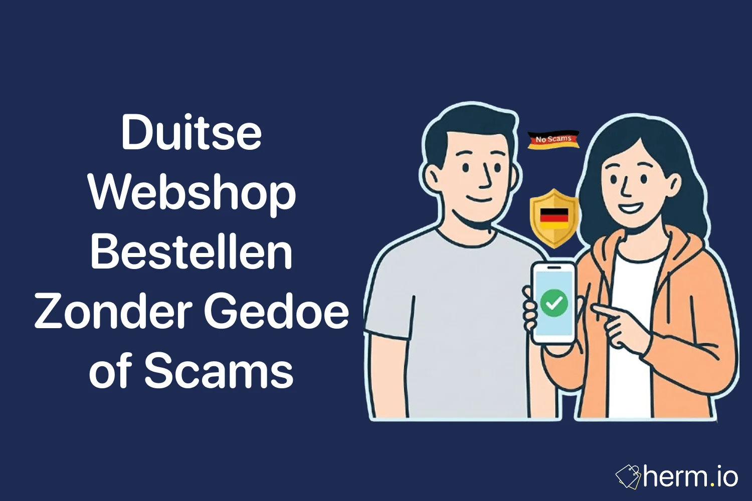 Consument controleert een Duitse webshop op laptop met betaalmethoden, retourinformatie en bezorging naar Nederland in beeld.