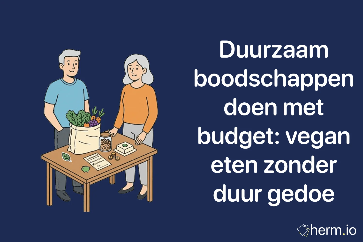 Illustratie van een stel dat duurzame boodschappen doet met groenten en een boodschappenlijst, gericht op betaalbaar vegan eten en budgettips.