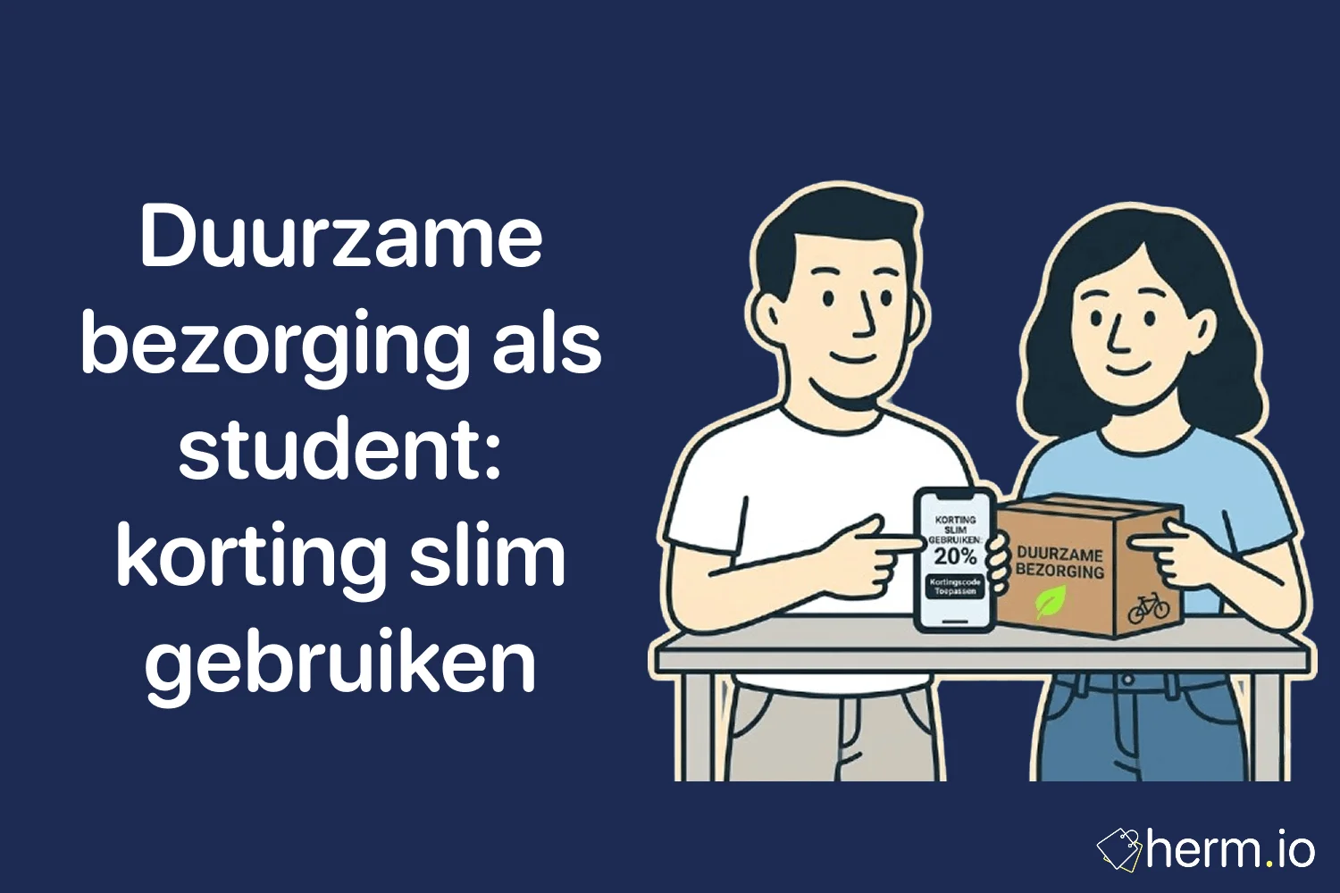 Student op de fiets met pakket en studieboeken, met focus op duurzame bezorging, studentenkorting en bewust online shoppen.