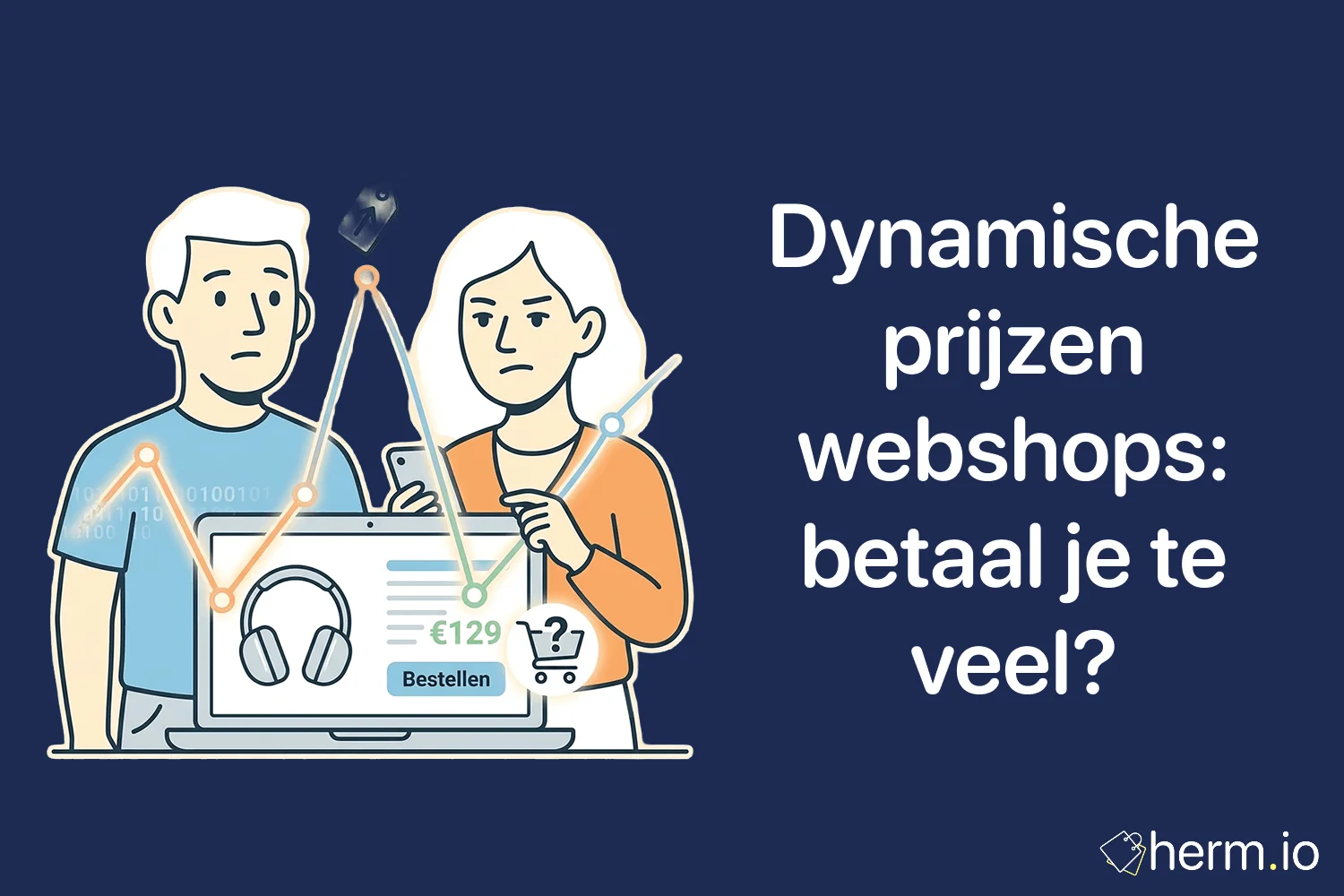 Illustratie van een shopper die online prijzen vergelijkt op laptop en telefoon terwijl productprijzen zichtbaar veranderen.