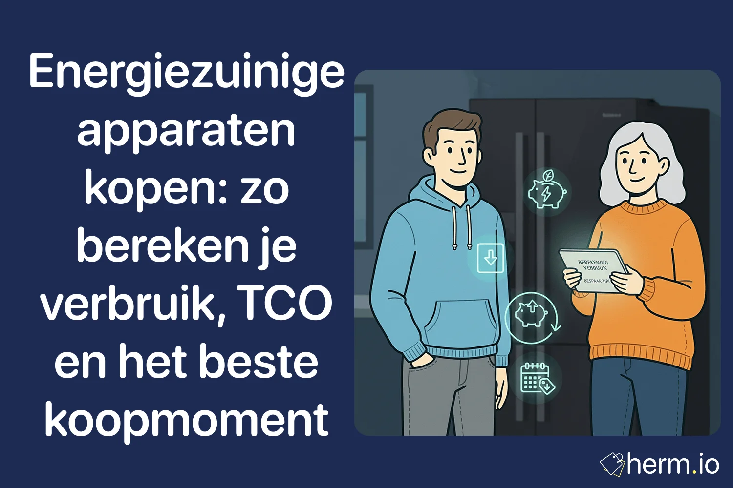 Illustratie van consumenten bij een koelkast die energieverbruik, kosten en beste koopmomenten vergelijken voor energiezuinige huishoudelijke apparaten.