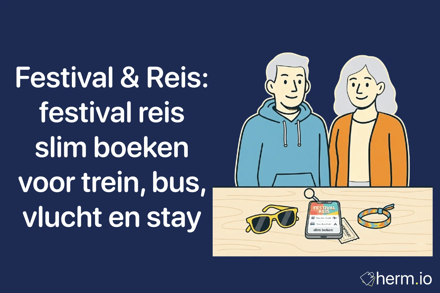 Illustratie van een stel dat een festivalreis boekt met smartphone, tickets en reisaccessoires voor trein, bus, vlucht en accommodatie.