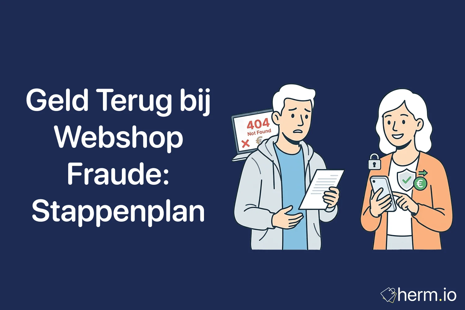 Consument bekijkt bewijs van webshopfraude op laptop en telefoon met betaalbewijs, ordernummer en meldpunten in beeld.