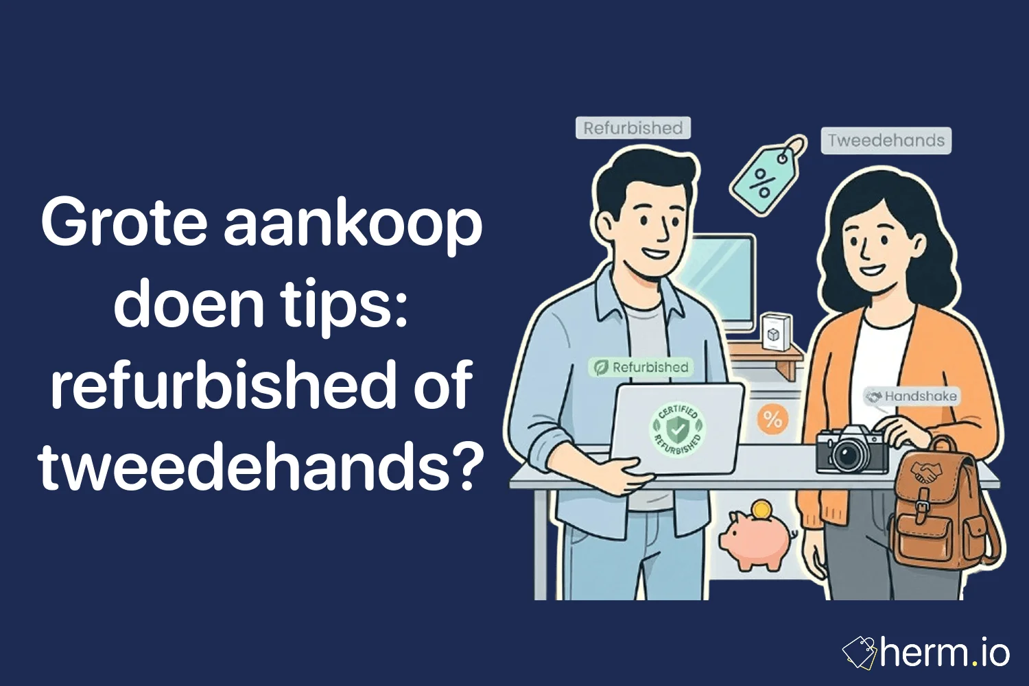 Refurbished en tweedehands laptops naast elkaar met checklist voor een bewuste grote aankoop voor studie en werk.