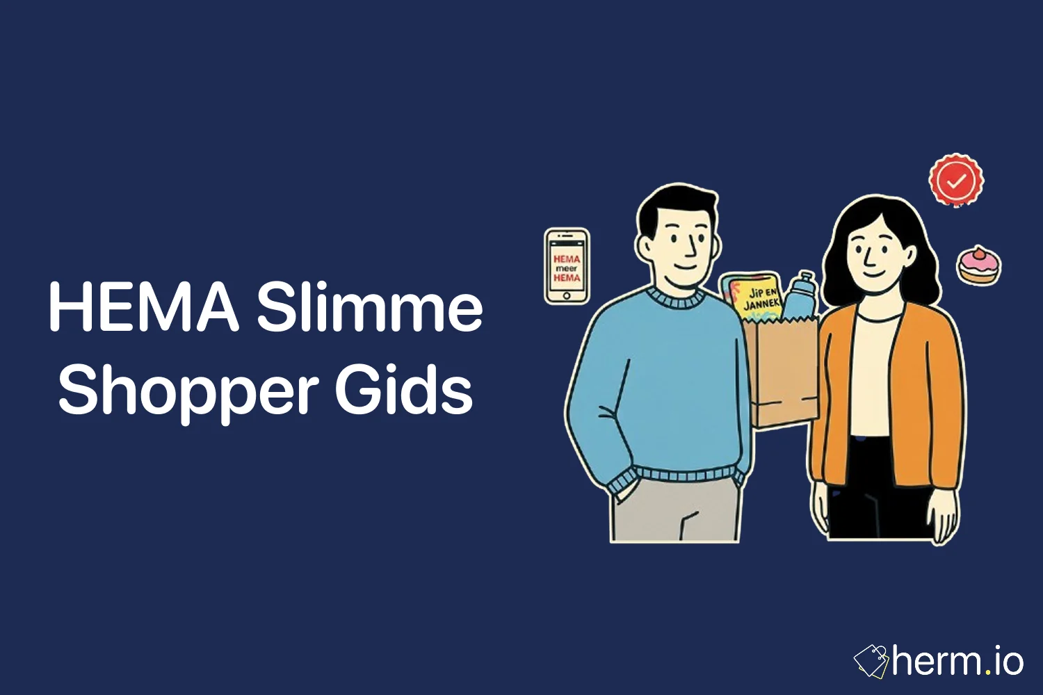 Illustratie van shoppers met HEMA-producten en app – slimme shopper gids voor besparen bij HEMA met acties, punten en aanbiedingen.
