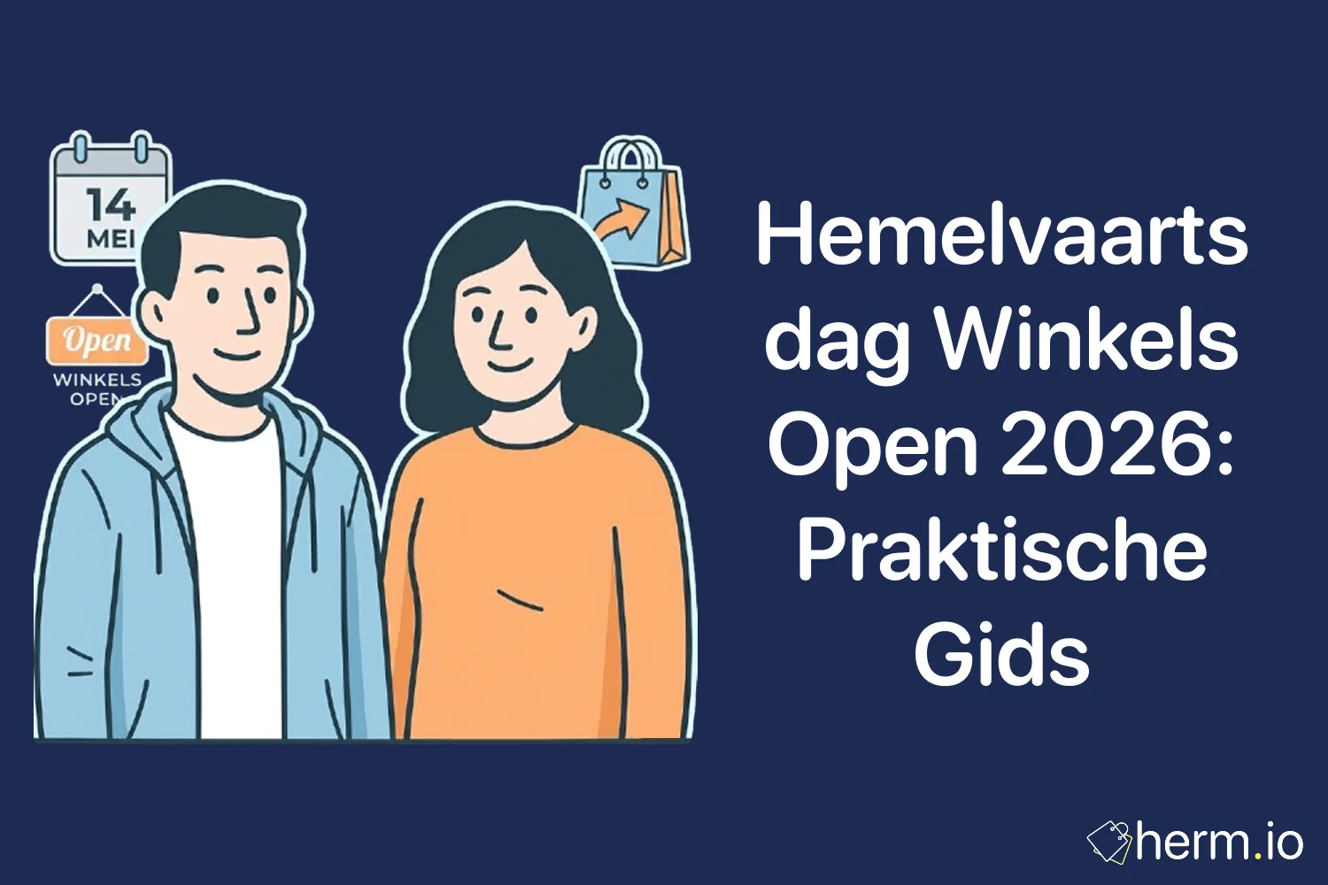 Nederlandse winkelstraat op Hemelvaartsdag met geopende winkels, supermarkten en mensen die feestdagopeningstijden controleren.