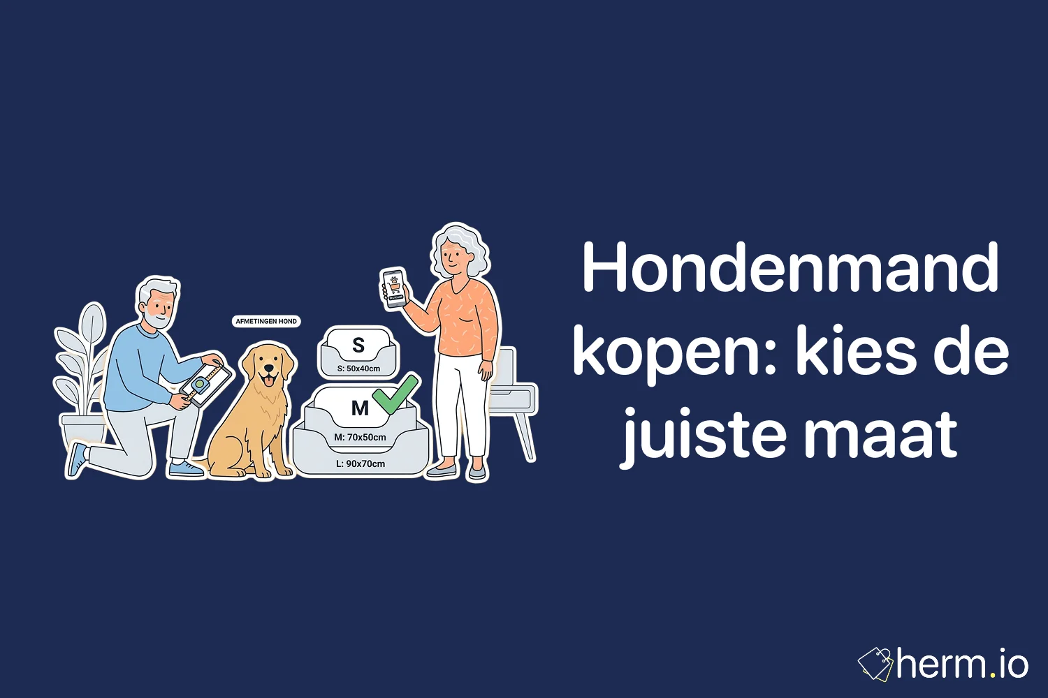 Hond die op een passende hondenmand ligt naast een meetlint, met aandacht voor maat, materiaal en wasbaarheid.