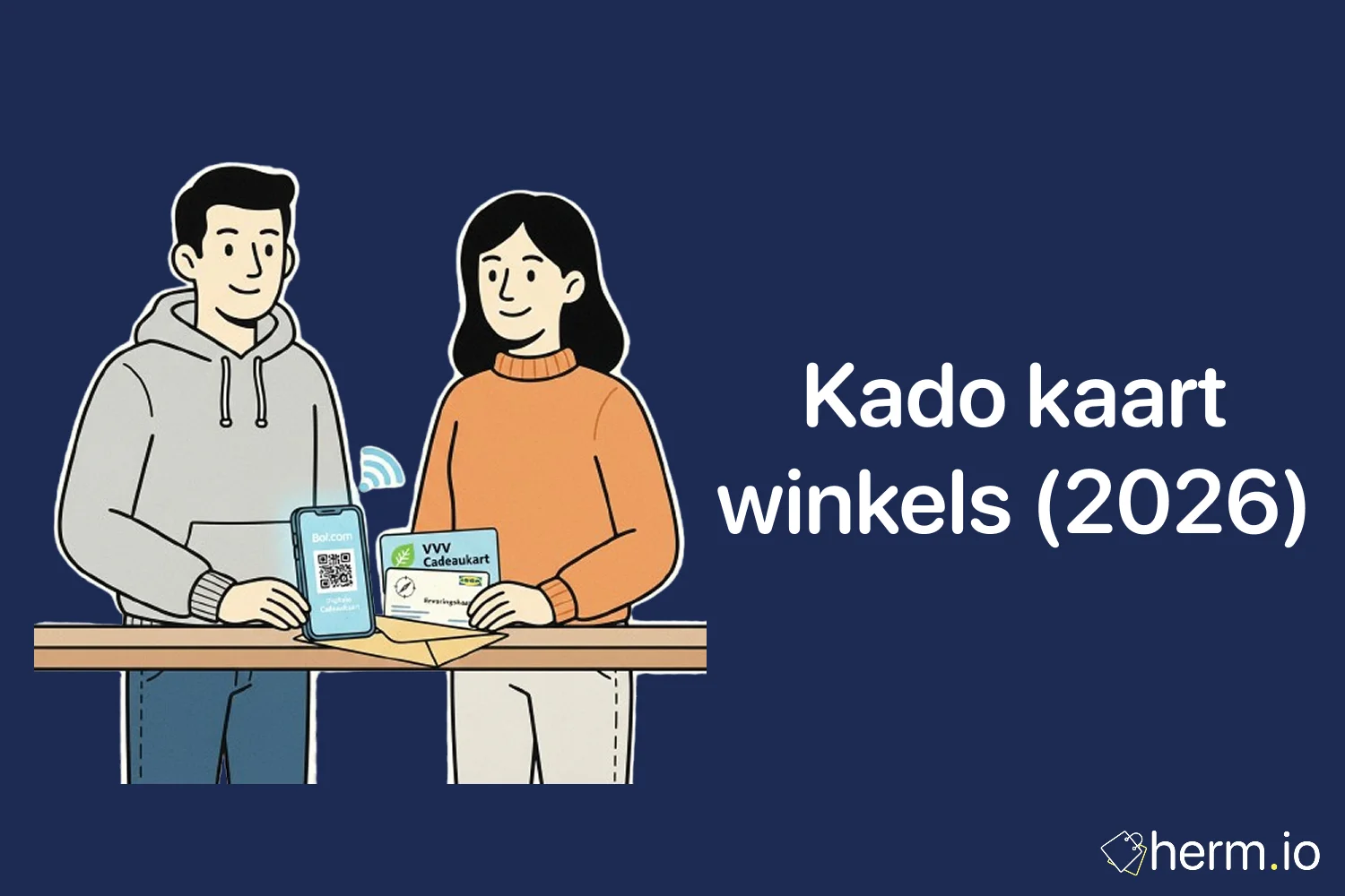 Illustratie van man en vrouw met digitale en fysieke cadeaukaart – overzicht van kado kaart winkels in Nederland (2026) en waar je ze kunt besteden.