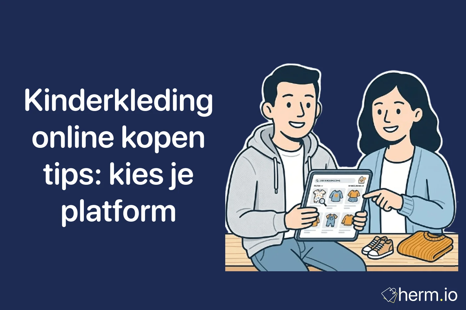 Ouder vergelijkt online kinderkleding op Bol.com, Amazon.nl en Marktplaats met kinderkleding en maatlabels op tafel.