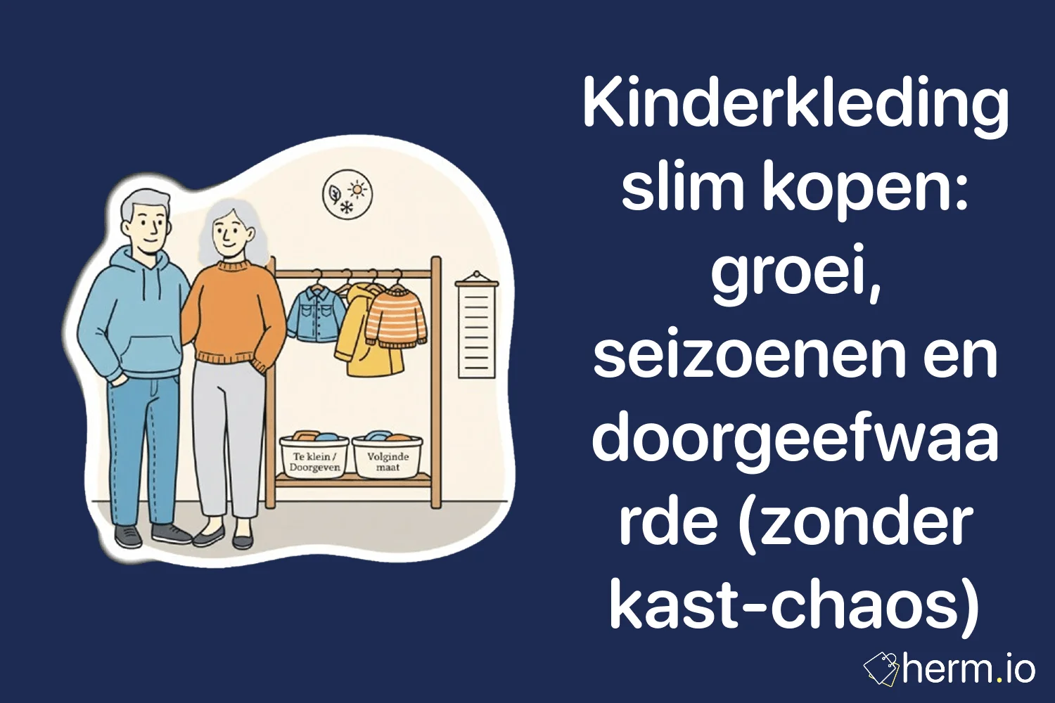 Illustratie van ouders bij een kledingrek met kinderkleding, gesorteerd op maat en seizoen, voor slim kopen en doorgeven zonder kast-chaos.