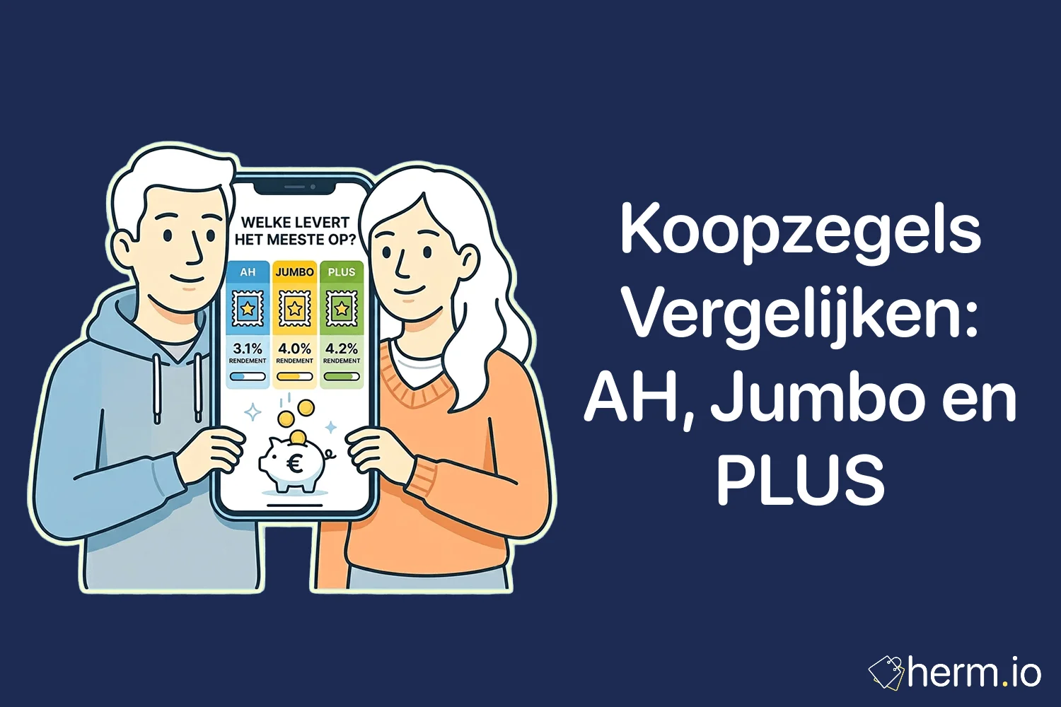 Digitale supermarktapps met koopzegels van AH, Jumbo en PLUS naast een boodschappenmandje en eurobedragen.