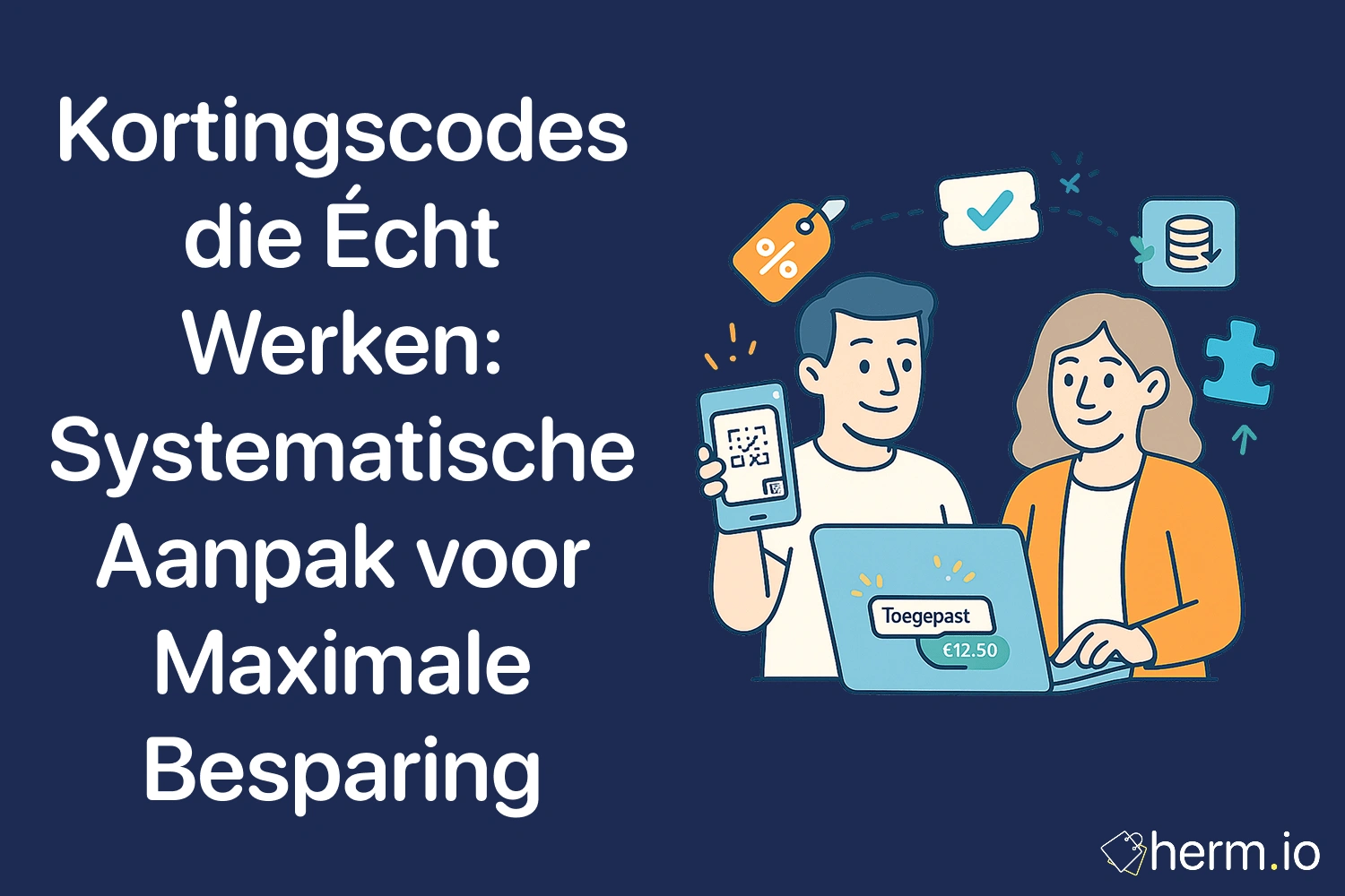 Illustratie van man en vrouw die kortingscodes en bespaartips toepassen op laptop en smartphone.