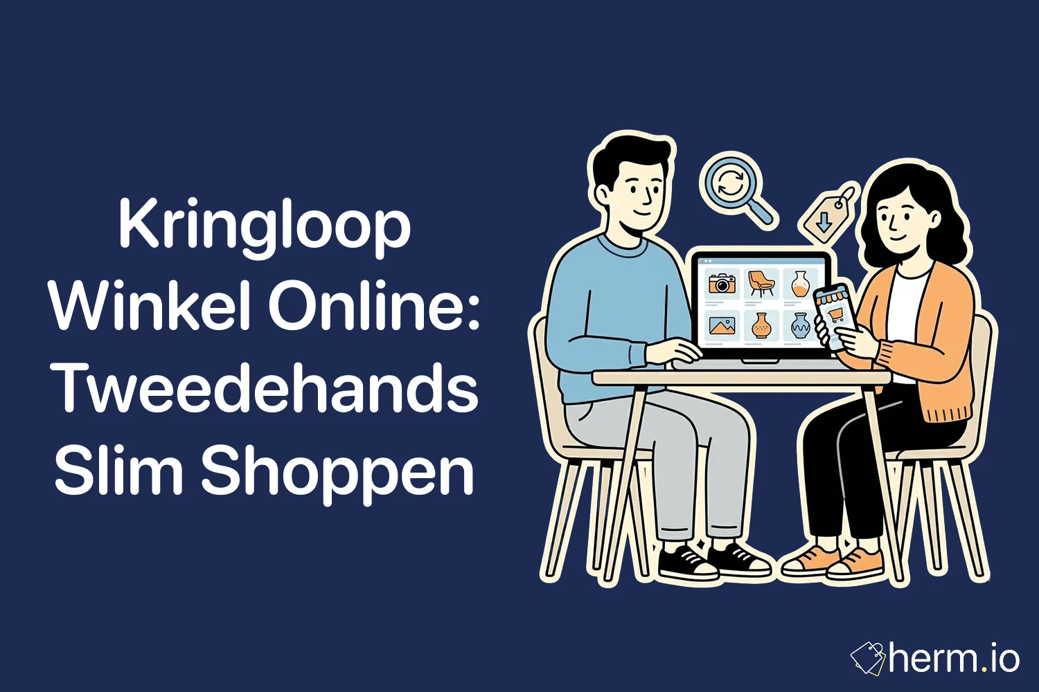 Online kringloopshoppen met tweedehands meubels, kleding en boeken op een laptop, met duurzame koopjes voor Nederlandse shoppers.