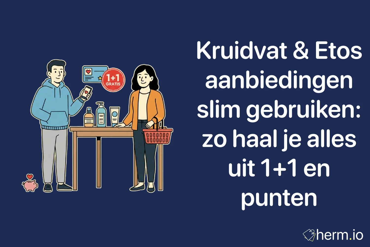 Illustratie van 1+1 gratis actie bij Kruidvat en Etos – slim aanbiedingen en punten gebruiken voor maximale korting.