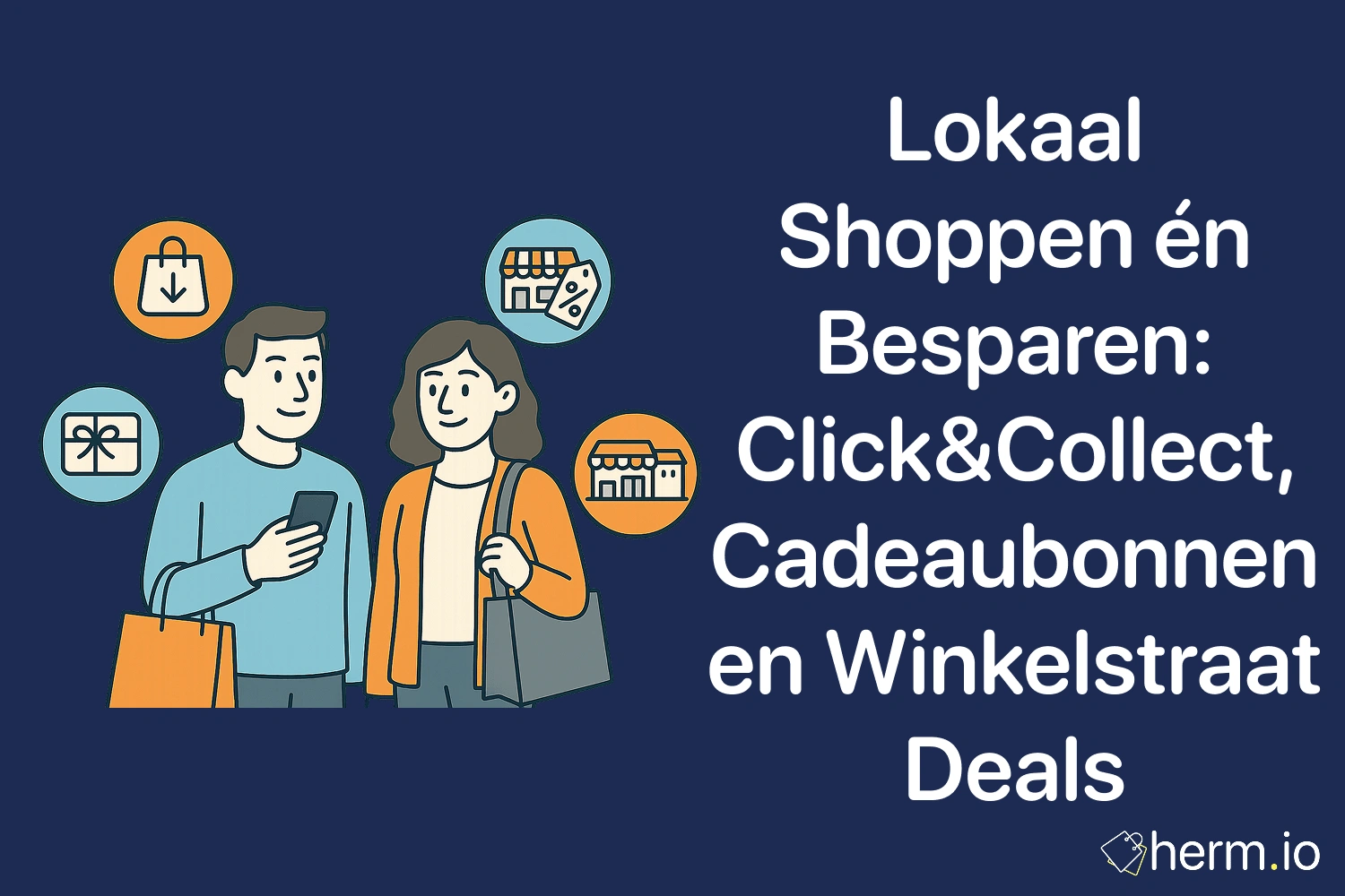 Illustratie van stel dat lokaal winkelt met cadeau-icoon, winkelpanden en smartphone.