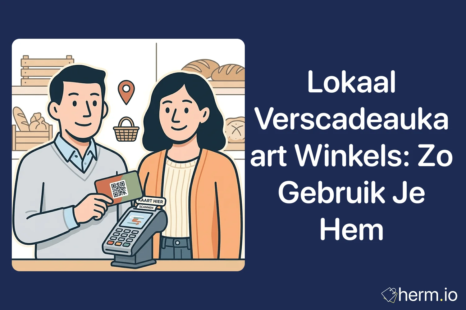 Nederlandse winkelstraat met bakker, groenteboer en kaasspeciaalzaak waar iemand een Lokaal Verscadeaukaart gebruikt.