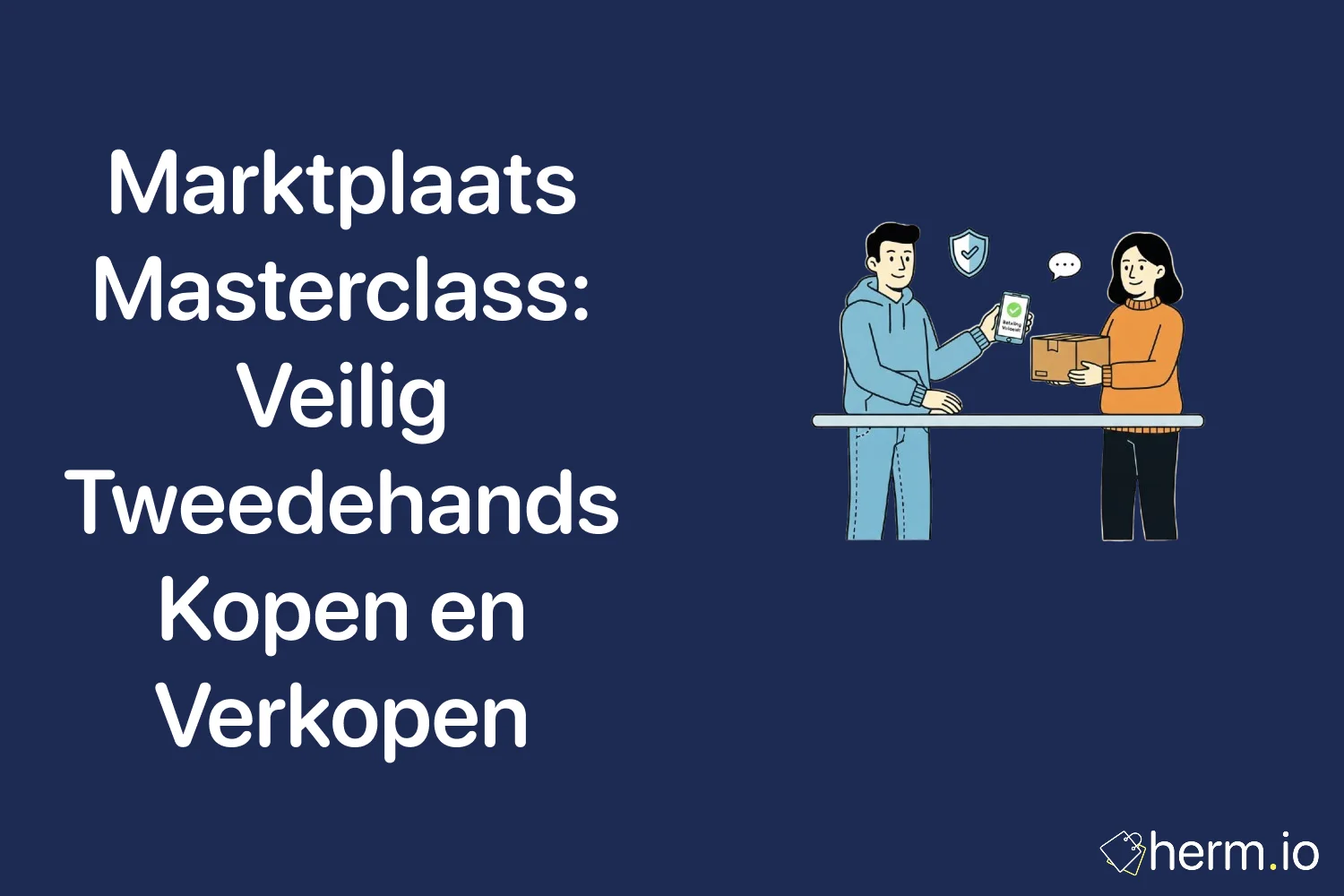 Illustratie van veilige betaling en pakketoverdracht via Marktplaats – veilig tweedehands kopen en verkopen in Nederland.