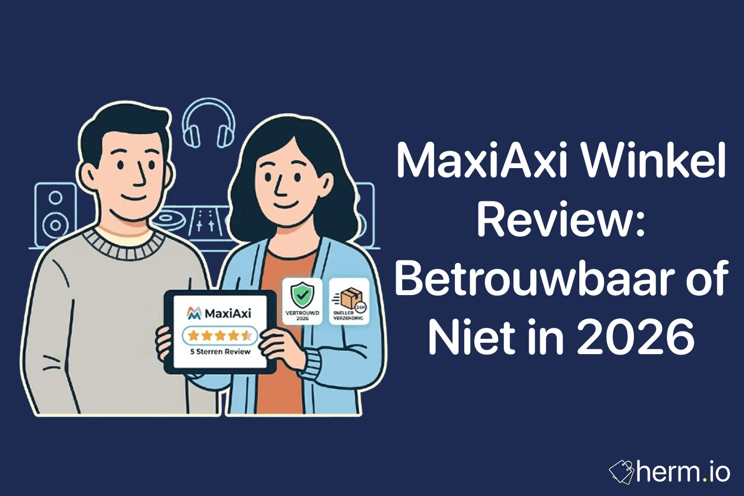 Consument vergelijkt MaxiAxi reviews, betaalmethoden en speakerproducten op een laptop voor een veilige online aankoop.