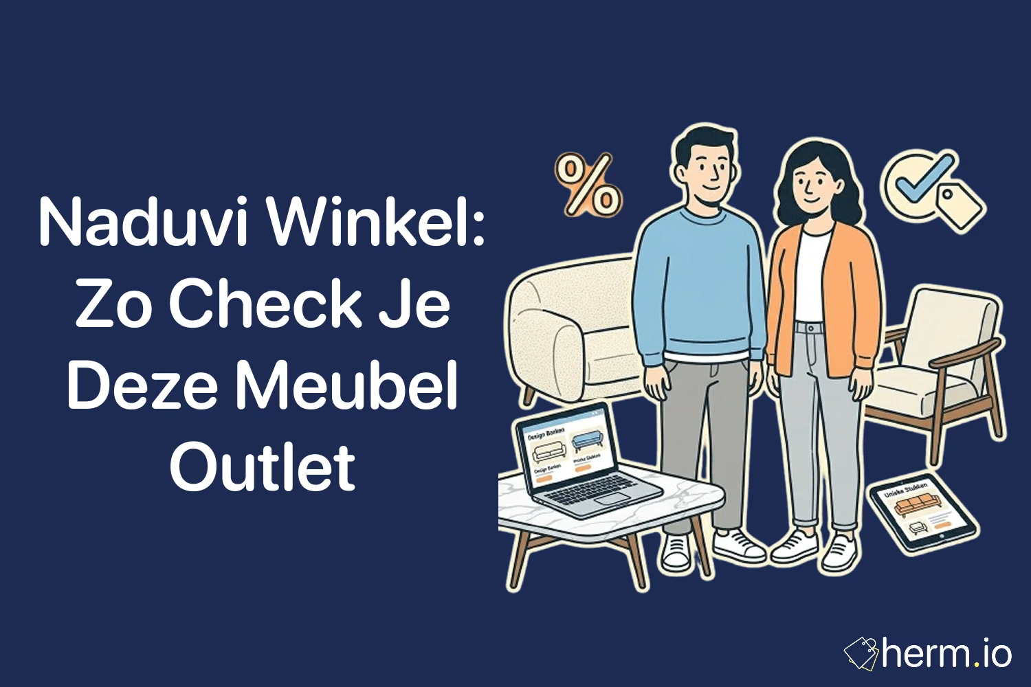 Consument vergelijkt online meubels en retourvoorwaarden bij Naduvi winkel voordat hij een bank of kast bestelt.