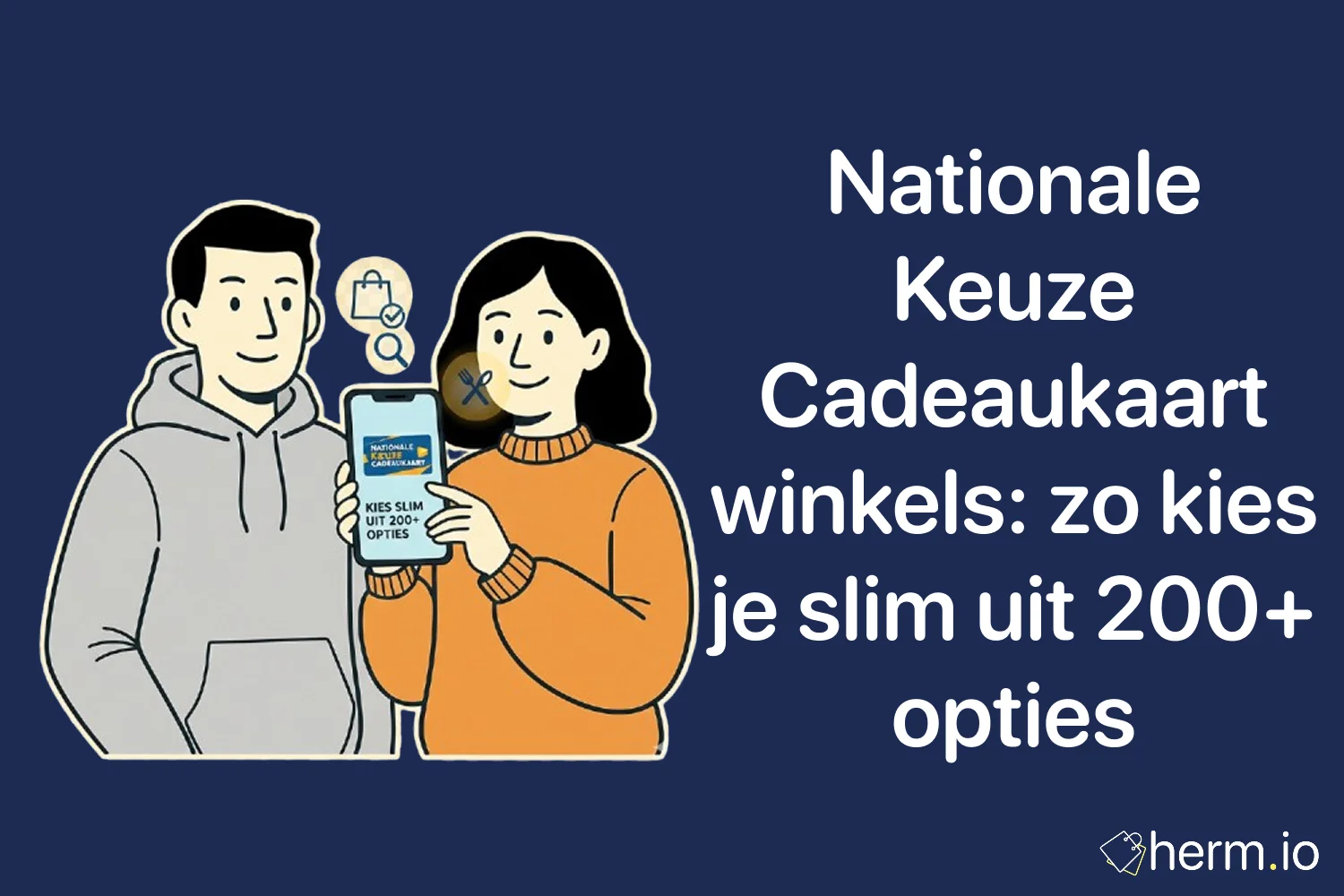 Illustratie van Nationale Keuze Cadeaukaart met smartphone – overzicht van winkels en keuze uit 200+ bestedingsopties.