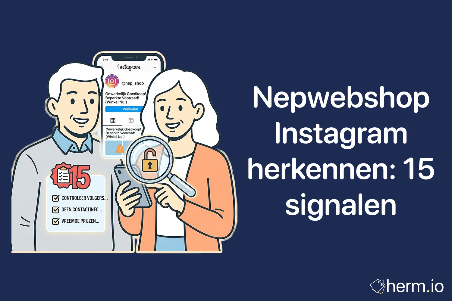 Consument checkt een verdachte Instagram advertentie voor een webshop op telefoon, met signalen voor veilig online winkelen.