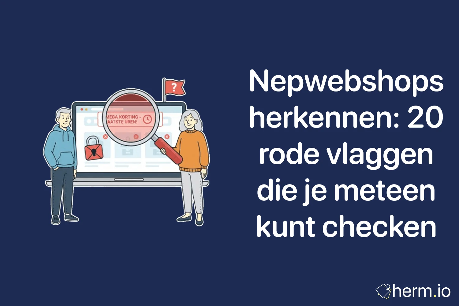 Illustratie van consumenten die een webshop onderzoeken met een vergrootglas, waarschuwingen en slot-iconen om nepwebshops en online fraude te herkennen.